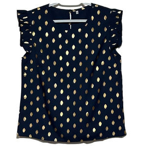 Unknown Brand Women's Blue Short Sleeve Blouse‎ Gold Leaves Size M